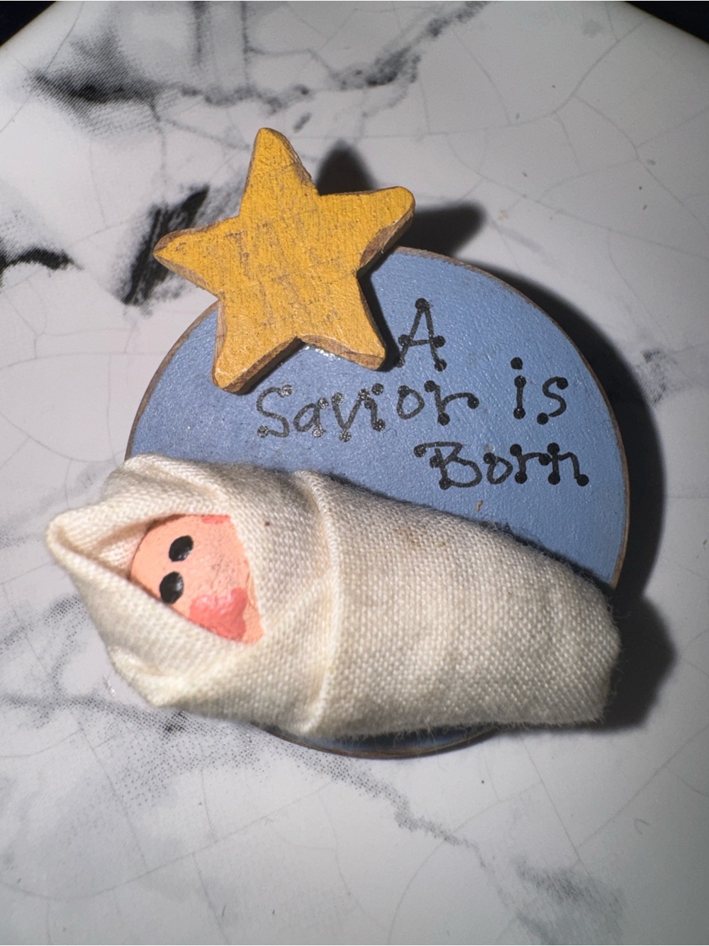 Vintage Handmade 'A Savior is Born' Mini Nativity Pin with Star